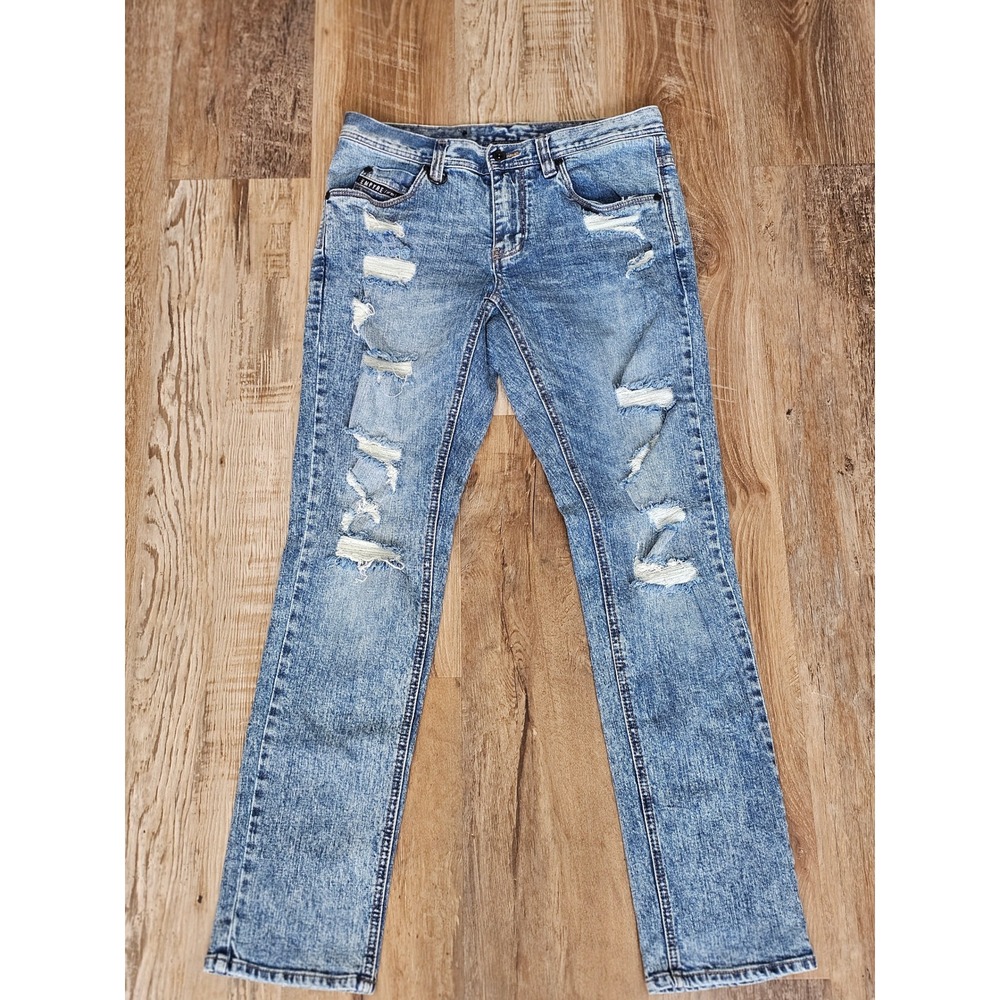 Empyre Mens Distressed Slim Straight Jeans Light Wash Acid 30x30 Shredded Denim